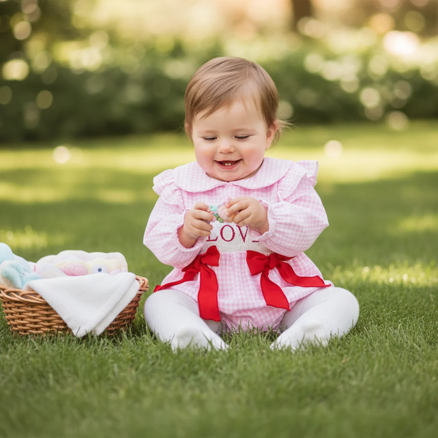 Baby Girls Valentine's Romper - Plaid Embroidered Ruffled Doll Neck Jumpsuit 0-18M