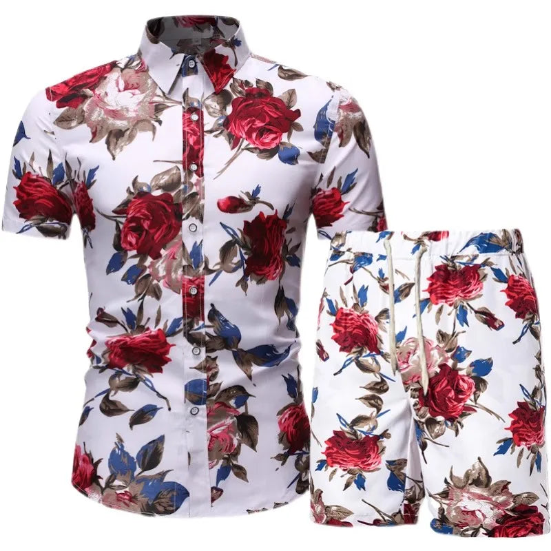 Men's Summer  Casual Set Print Hawaiian Short Sleeve Set Beach Wear Shirt and Shorts Set