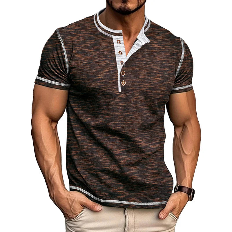 Men's Summer Henry Collar Patchwork Short Sleeve Casual Breathable Pullover T-Shirt