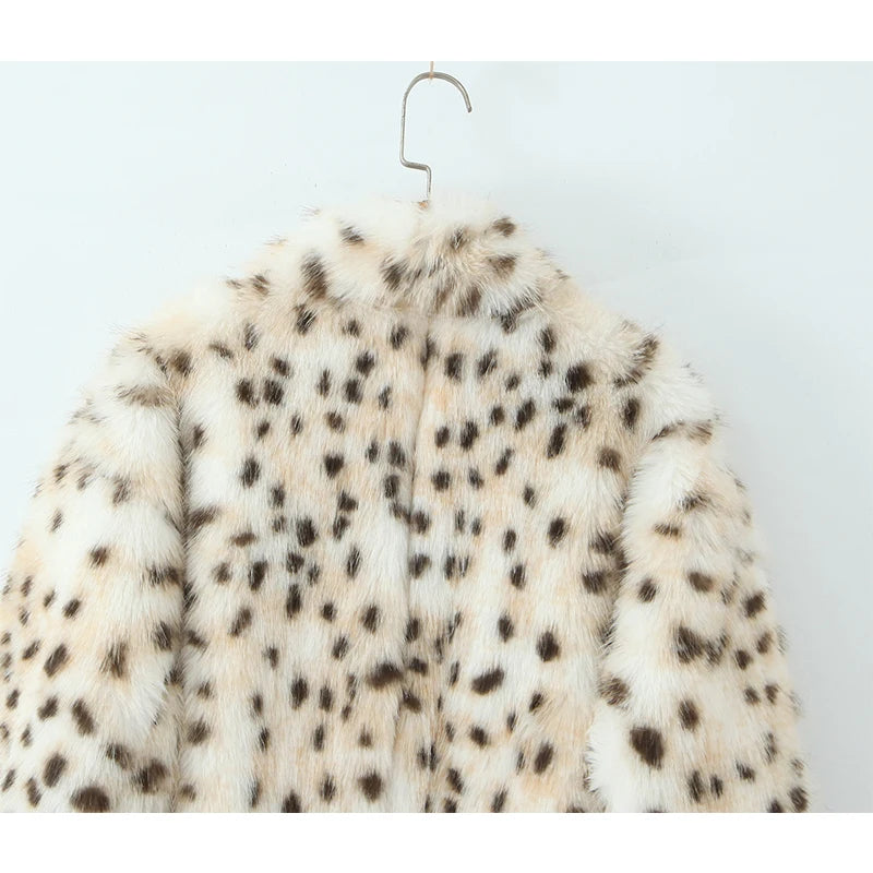 Faux Fur Leopard Print Long Coat - Long Sleeve Loose Warm Winter Outerwear