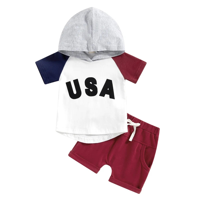 Baby Boy USA Letter Print Colour Patchwork Short Sleeve Hooded T Shirts Shorts 2pcs Set  0-3Y