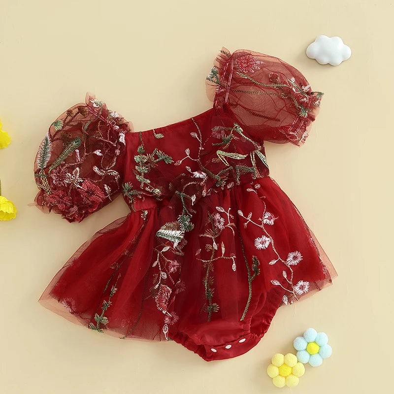 Baby Girls Princess Romper Dress - Flower Embroidery Mesh Skirt Bodysuit