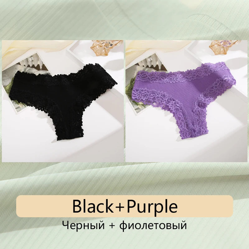 2PCS Women's Cotton Underwear - Lace Floral Low Rise Comfortable Lingerie