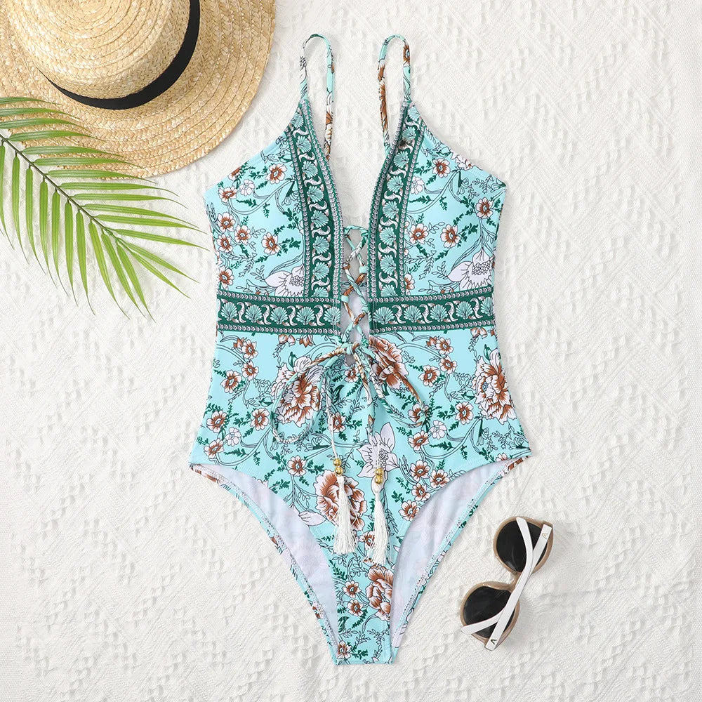 Women's Print Swimwear Backless One Piece Bandage Beachwear Ruffle Swimsuit