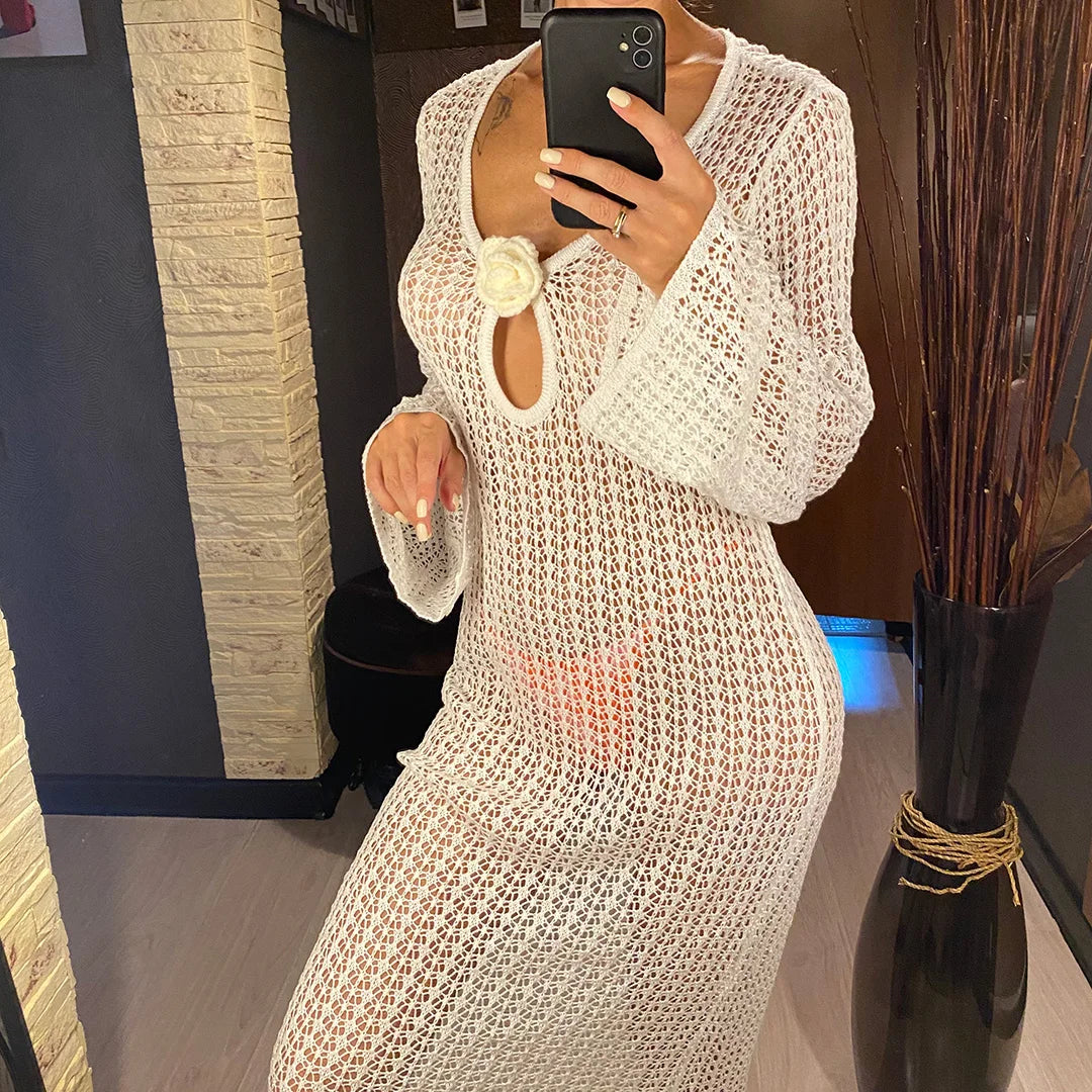 3D Flower V Neck Crochet Knitted Beach Cover Up Tunic