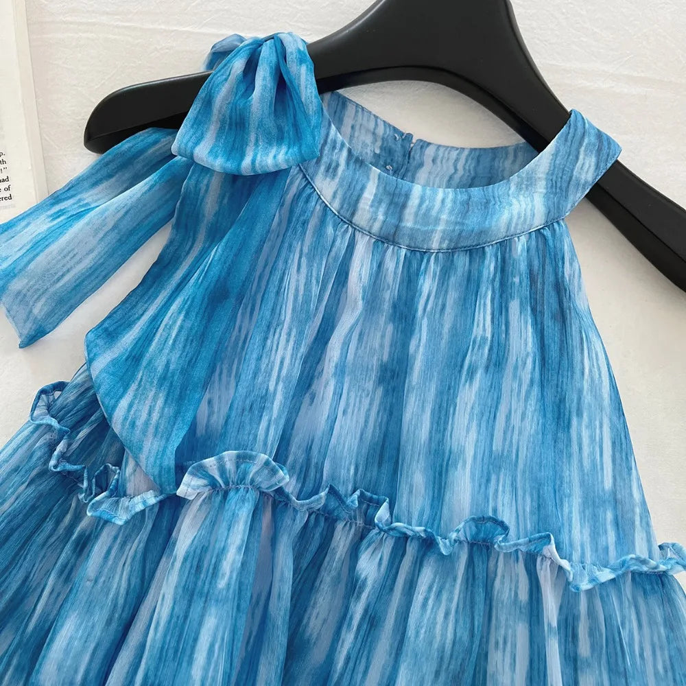Girl's Summer Casual Round Neck Sleeveless 3D Bow Pleated A-line Dress 4-7 Years Old