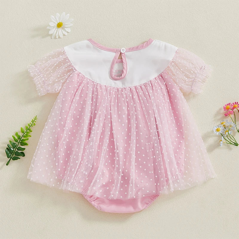 Baby Girls Birthday Romper Dress - Short Sleeve Dots Letters Embroidery Tulle Jumpsuit
