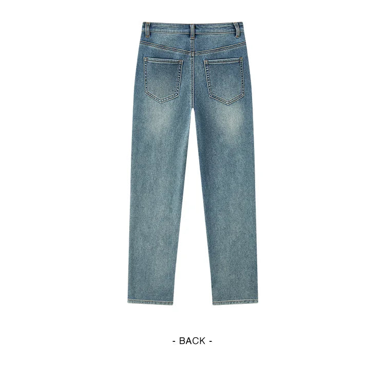 Women's Vintage Washed Tapered Jeans - Brushed Denim Loose Long Fit Winter Pants