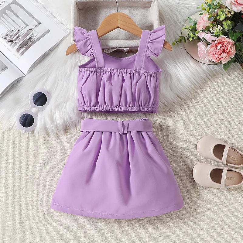 1-6Y Girls Summer Fashion Clothes Sets -  Ruffles Fly Sleeve Solid Tops Elastic Waist Pleated Mini Skirt with Belt