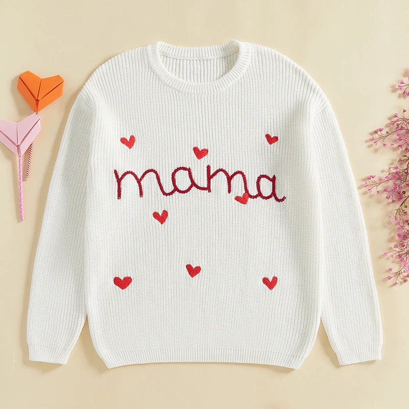 Mommy & Me Letter Heart Embroidery Matching Sweaters - Long Sleeve Round Neck Tops