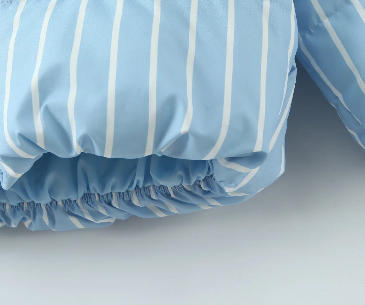 Striped Hooded Bread Jacket - Front Zipper Long Sleeve Warm Coat