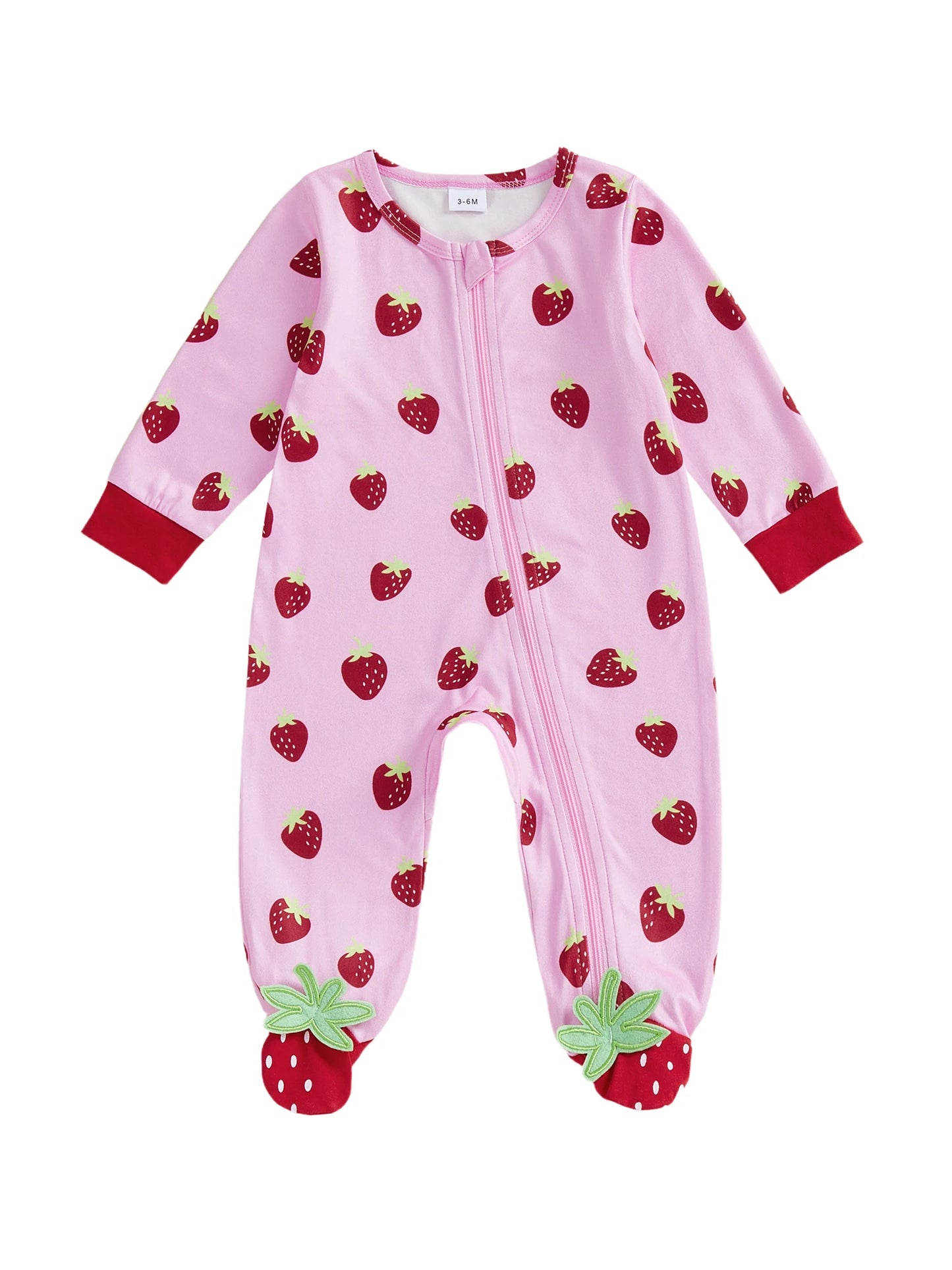 Baby Girls Boys Strawberry Print Romper - Long Sleeve Footed Jumpsuit 0-18M