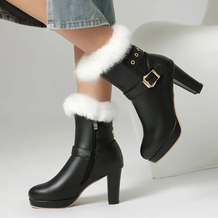 Studded Ankle Boots - 8cm High Heel with Plush Collar and Metal Belt