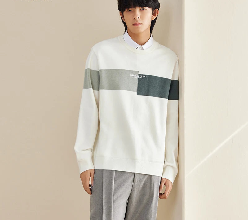 Men's Color Block Knit Sweater - Thermal Embroidered Pullover Winter Style
