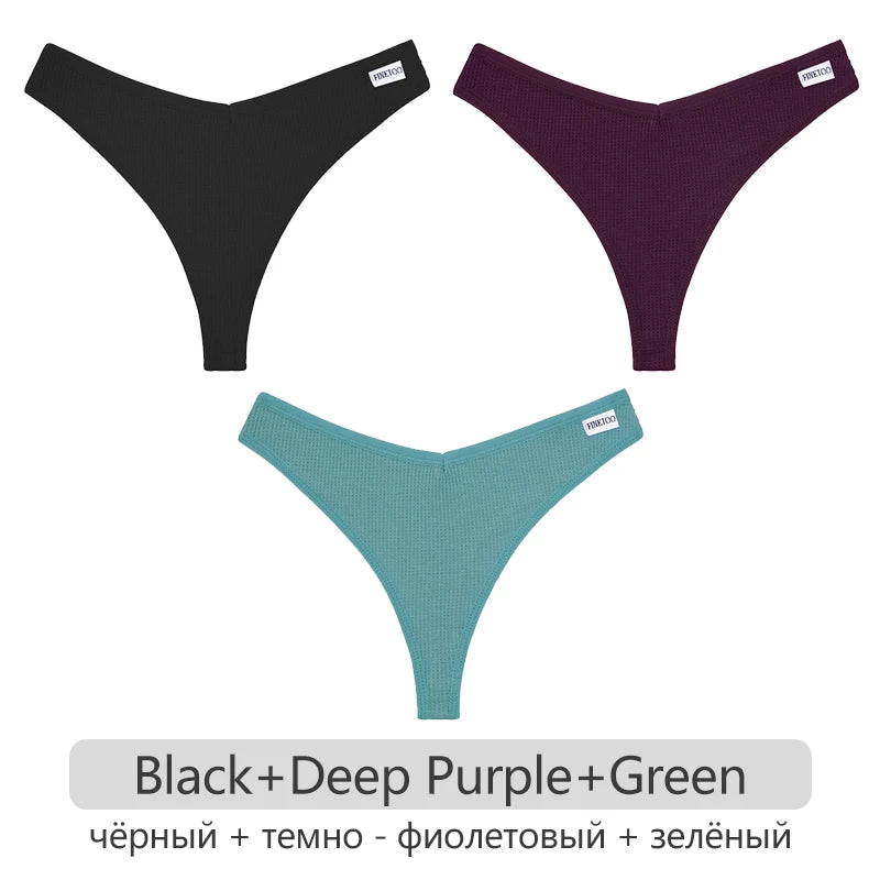 Women's Cotton Waffle Thongs 3-Piece Set - Low-Rise Comfortable Underwear