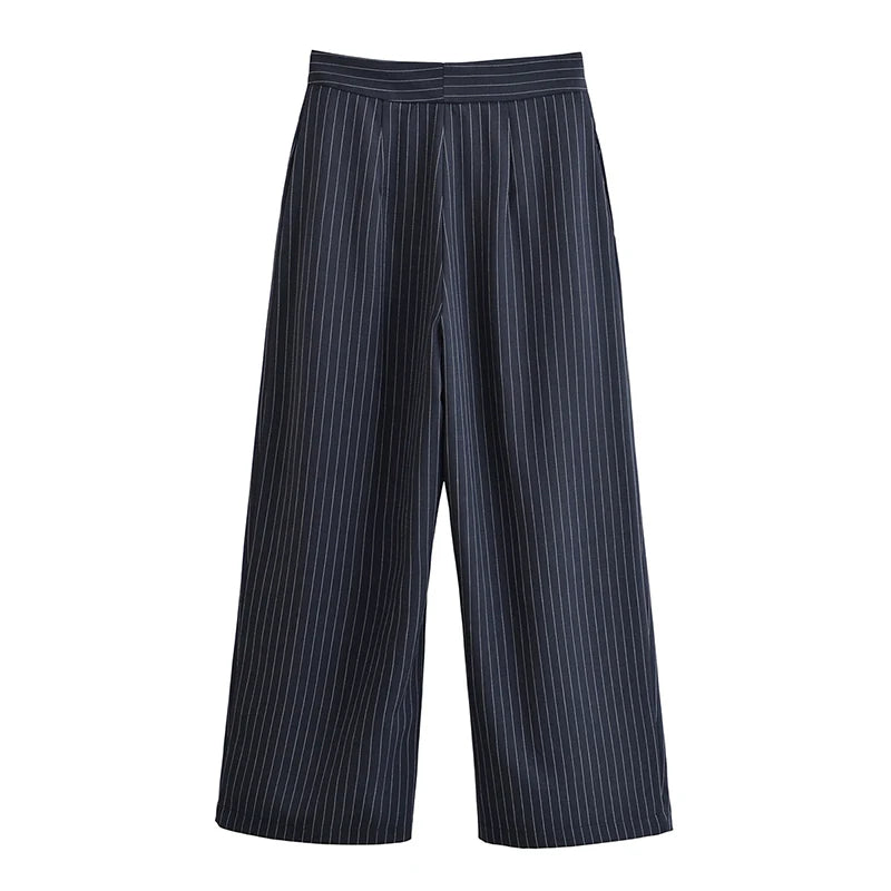 Vintage Striped Pleated Wide Leg Pants - High Waist Office Casual Trousers