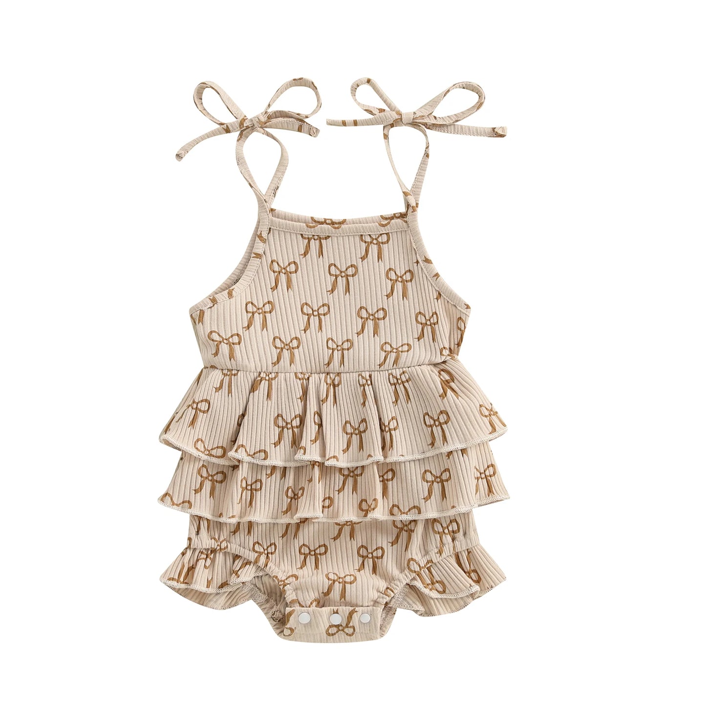 Bow Print Layered Ruffle Spaghetti Strap Baby Romper