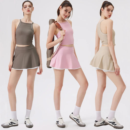 Women's Two-Piece Fitness Set - Yoga Top & Skort with Built-in Shorts