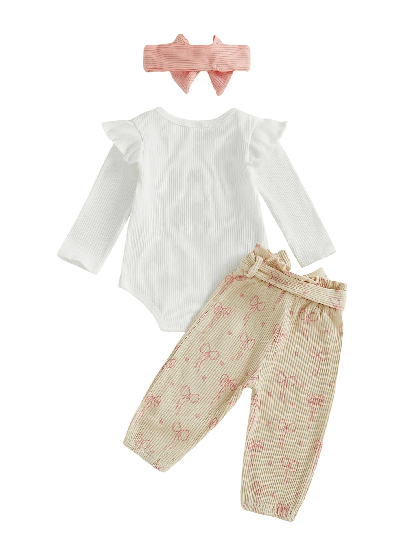 Newborn Baby 4-Piece Outfit Set - Long Sleeve Romper, Pants, Belt & Headband