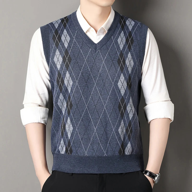 Autumn Winter Argyle Plaid Knit Vest - Fleece Sleeveless Waistcoat