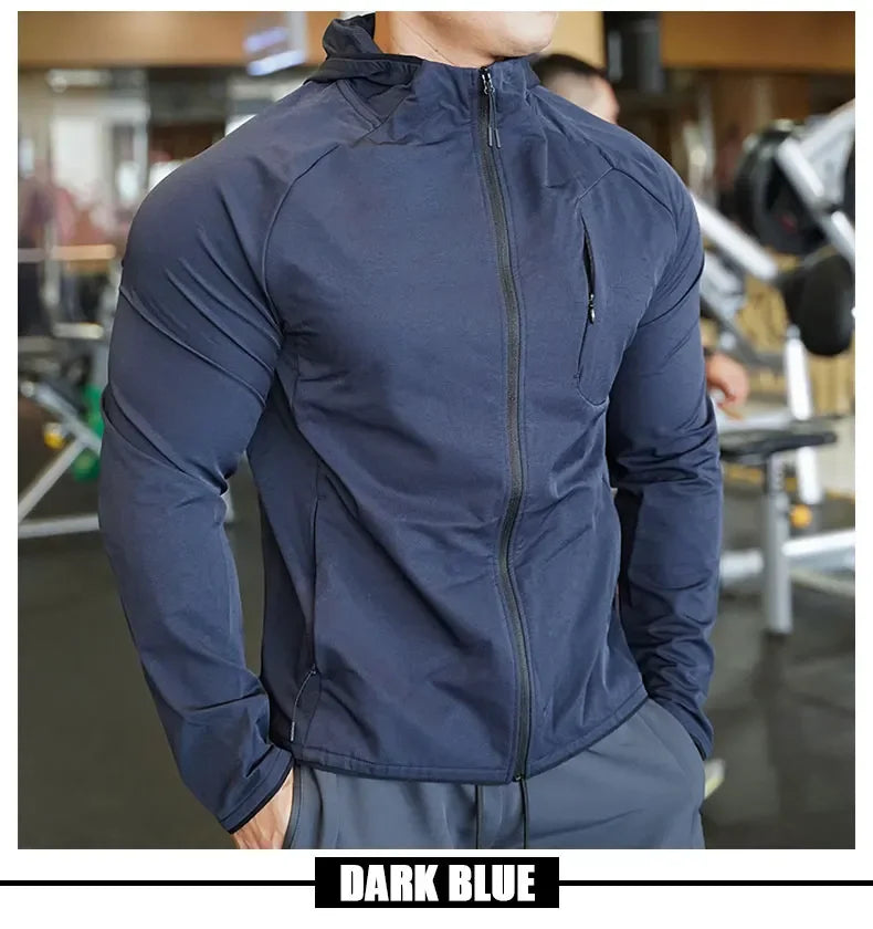 Men's Nylon Sport Coat Gym Fitness Hoodies Outdoor Workout Tops Hooded Training Running Zipped Jacket
