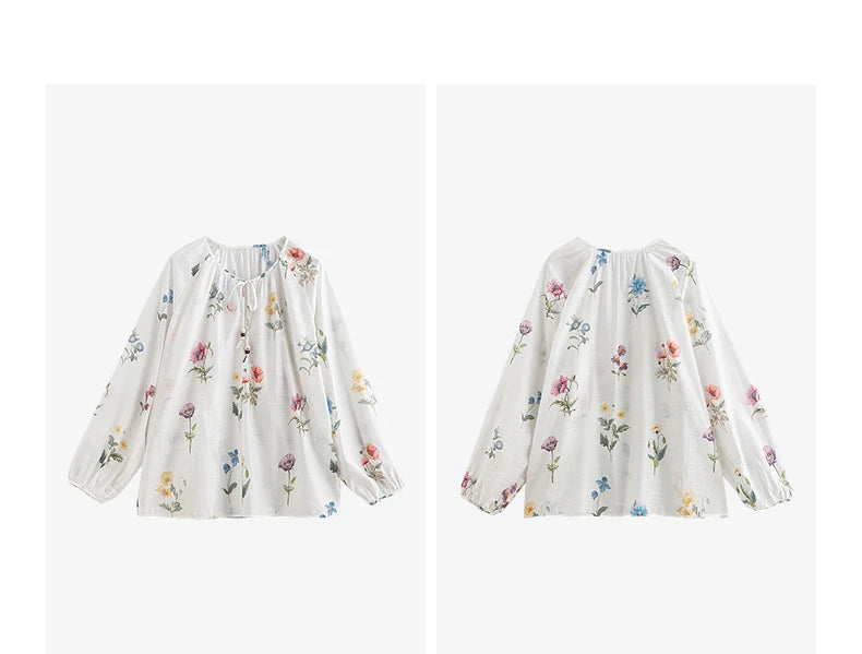 Women's Linen Blend Floral Print Blouse | Lantern Sleeves | O-Neck | Loose Fit | White | Spring Summer