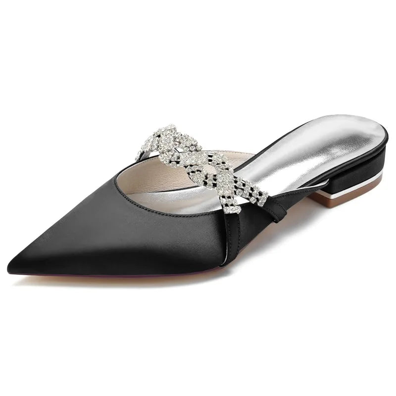 Women's Pointed Silver Insole Flat Sole Rhinestone Satin Sandals Slippers