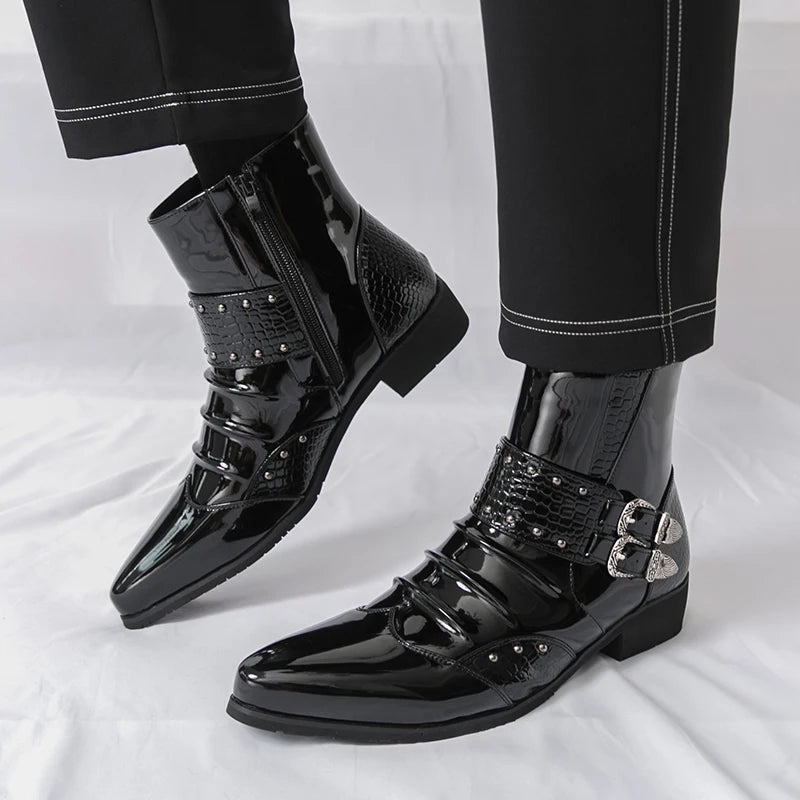 Men's Pointed Toe Motorcycle Boots - Patent Leather Metal Rivet Party Shoes