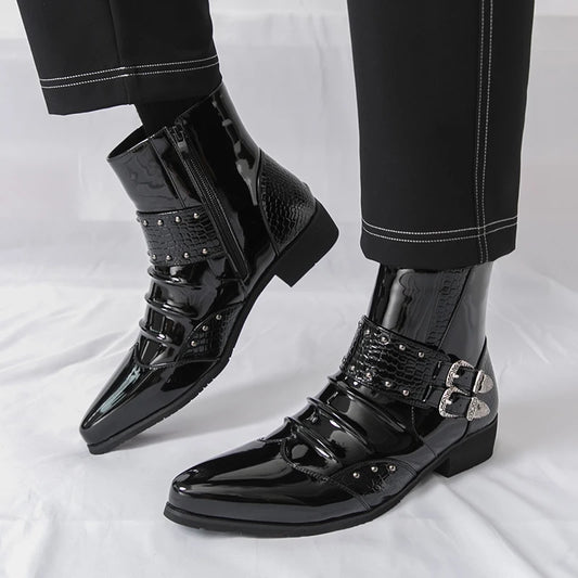 Men's Pointed Toe Motorcycle Boots - Patent Leather Metal Rivet Party Shoes