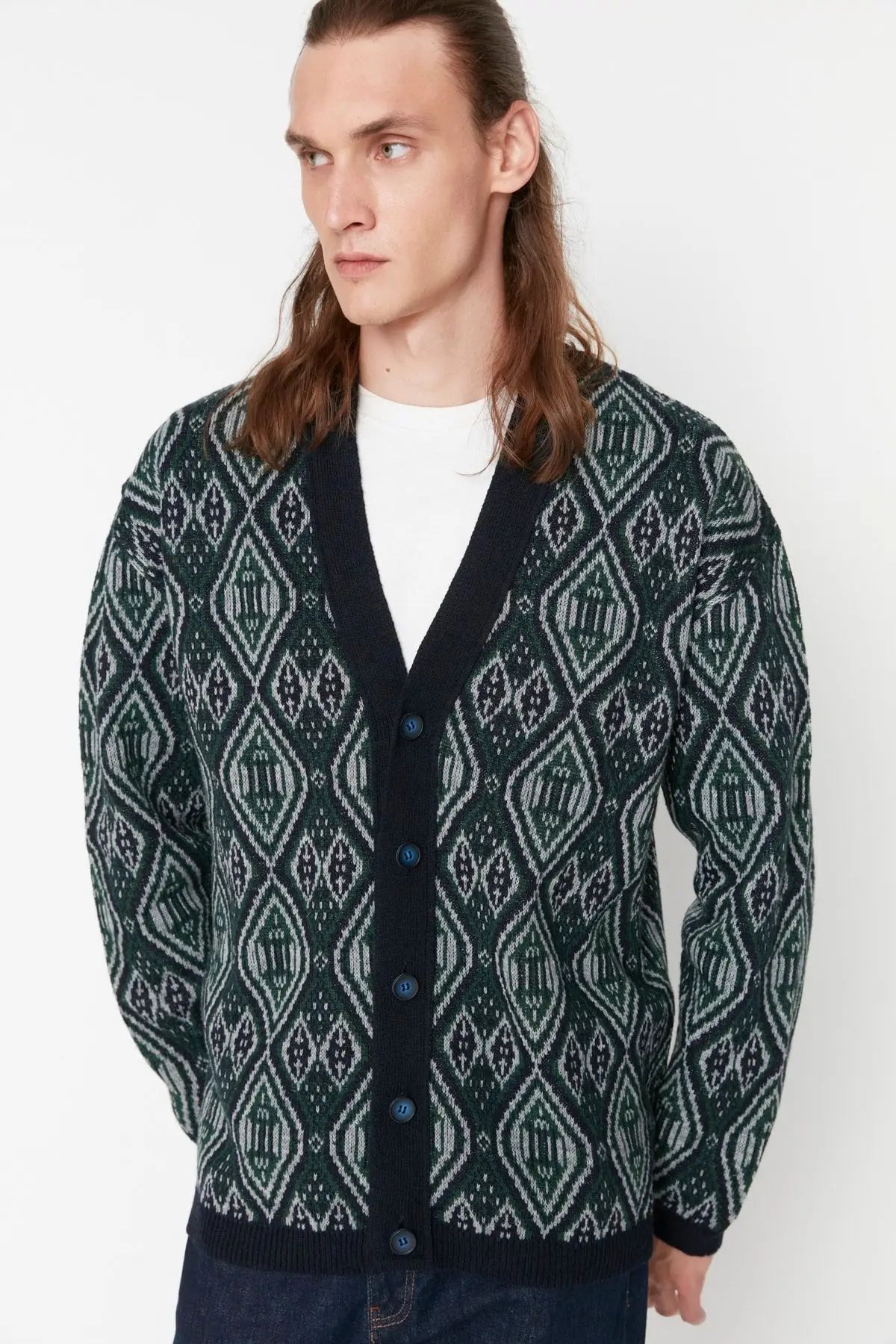 Men's Diamond Pattern V Neck Button Off-Shoulder Knitwear Cardigan