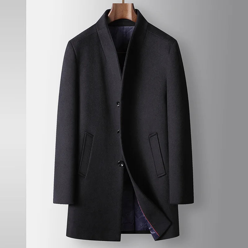 Men's Stand Collar Woollen Coat - Smart Casual Long Wool Blend Trench for Autumn Winter