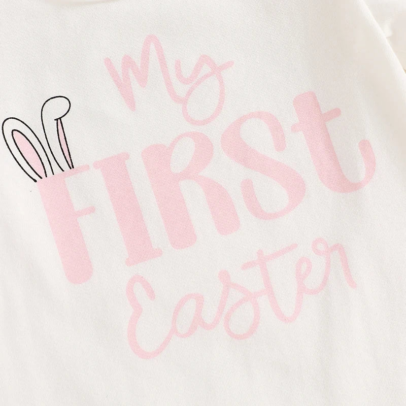 Baby Girls' Easter Outfit Set - Letter Print Romper, Carrot Bunny Shorts & Headband 3pcs