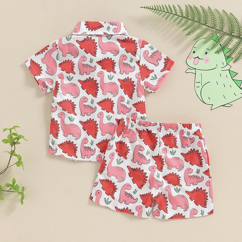 0-3Y Toddler Baby Boys Summer Clothes Sets 2pcs - Short Sleeve Dinosaur Print Button Up Top and Shorts Set