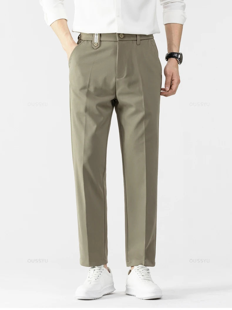 Men's Ankle-Length Straight Leg Trousers | Elastic Waist | Sash Detail | Midweight | All Season | Smart Casual