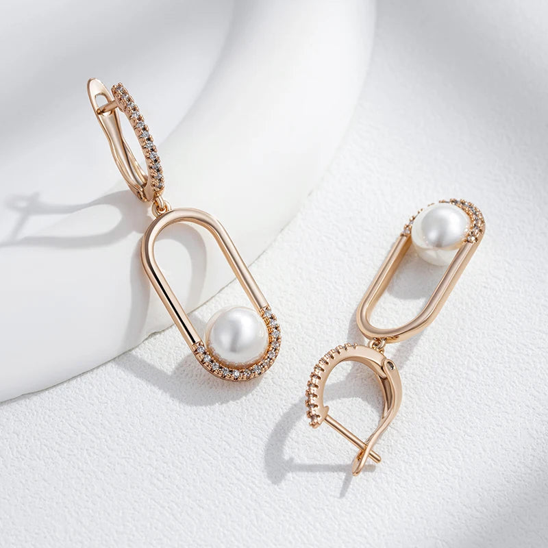 Women's  Unique Geometric Natural Zircon 585 Rose Gold Pearl Long Drop Earrings