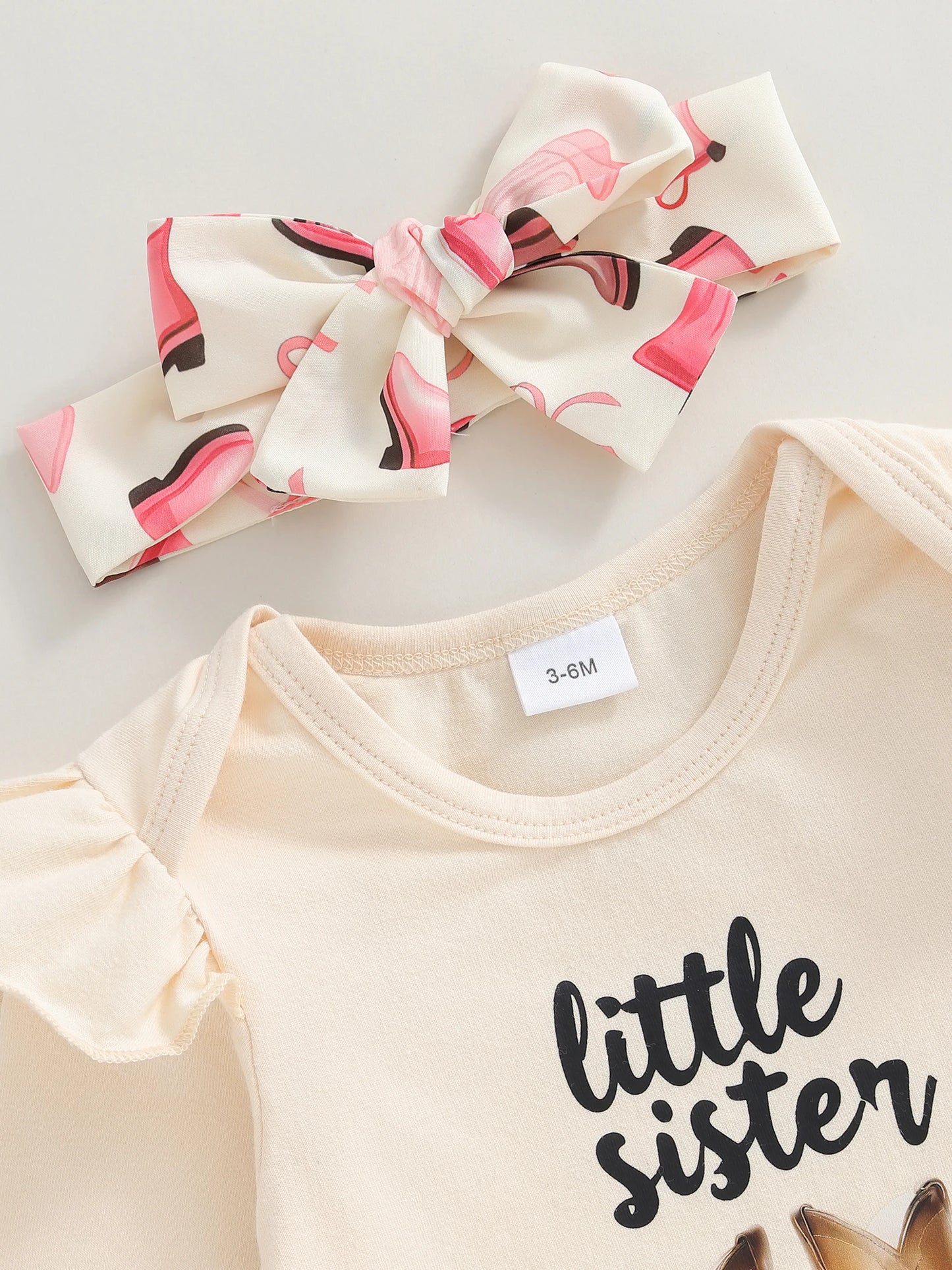 Baby Girls Western Fall Winter Outfit Set - Long Sleeve Romper, Boot Print Pants & Bow Headband (0-18M)