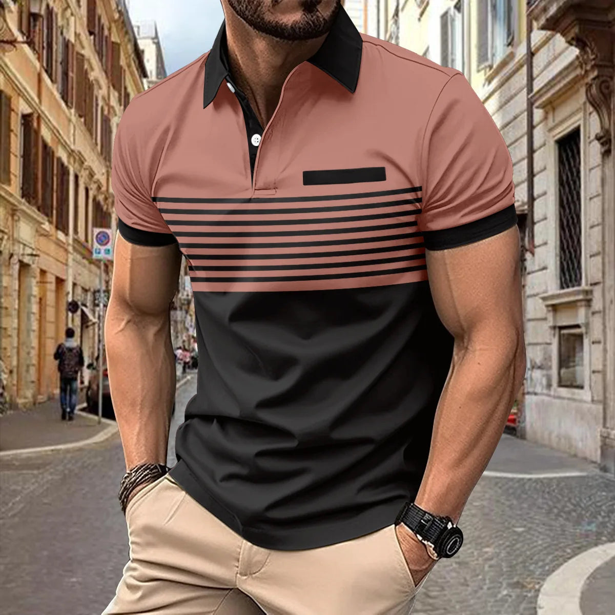 Men's Summer Polo Patchwork Short Sleeve Smart Casual Striped Turn Down Collar Shirt