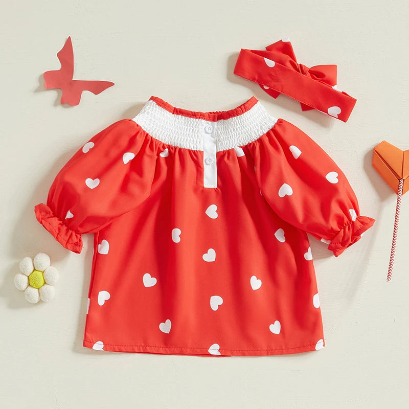 0-3Y Baby Girls Valentine’s Day Dress Long Sleeve Heart Embroidery Heart Print A-Line Dress with Headband Set