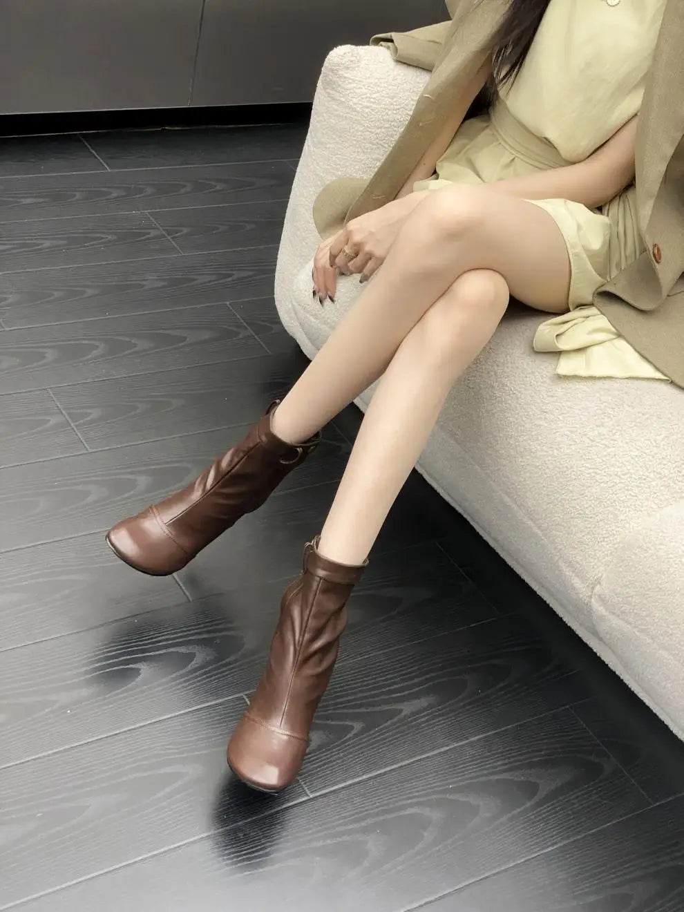 Round Toe Ankle Boots - Metal Button Detail with Side Zipper