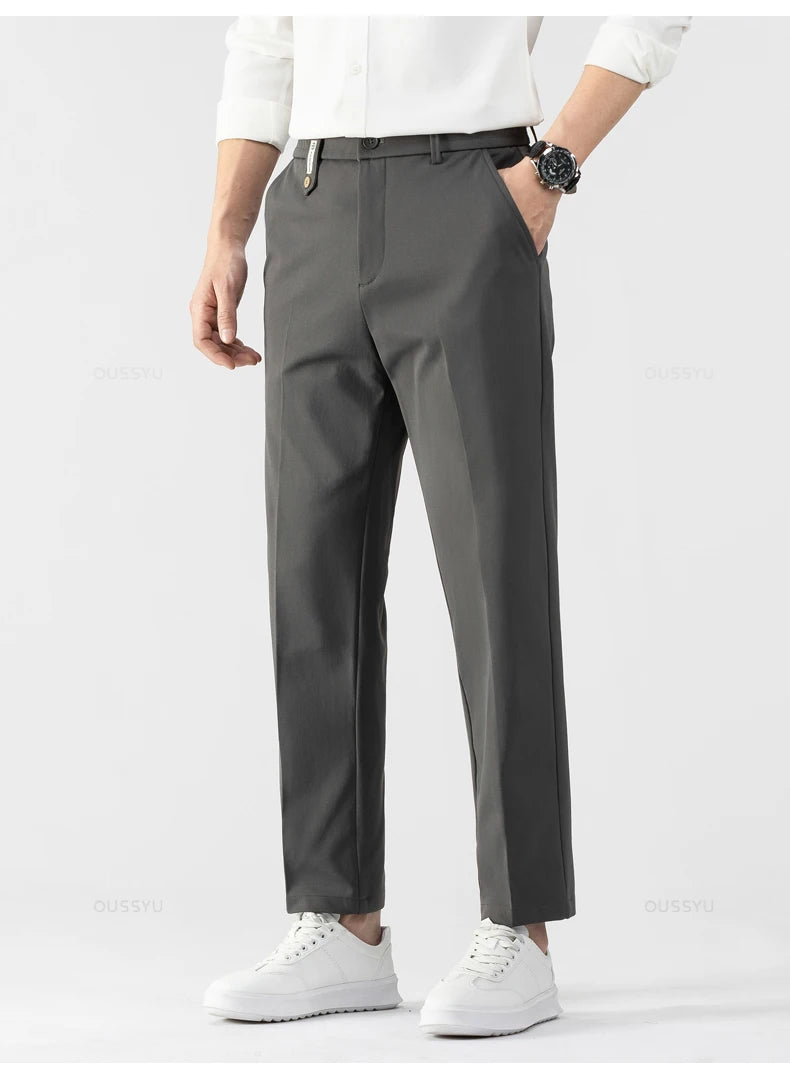 Men's Ankle-Length Straight Leg Trousers | Elastic Waist | Sash Detail | Midweight | All Season | Smart Casual