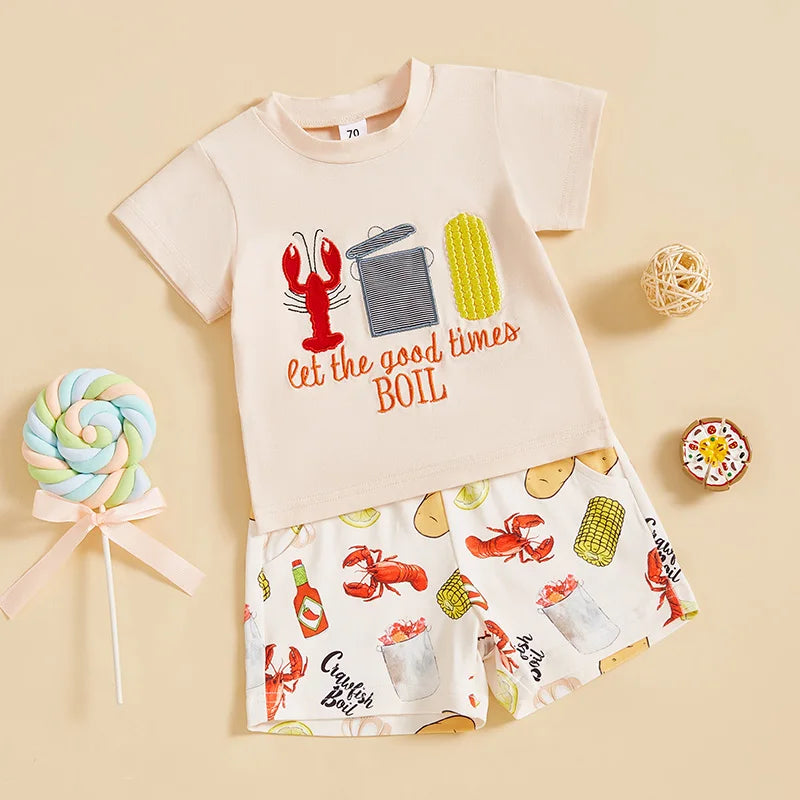 Boys Summer Outfit Set - Cartoon Letter T-shirt & Lobster Print Shorts