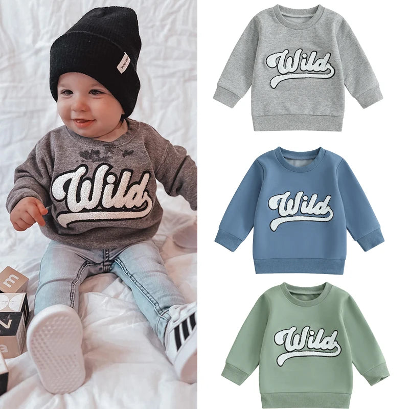 1-6Y Kids Boys Girls Fuzzy Letter Embroidered Crew Neck Long Sleeve Pullovers Sweatshirt