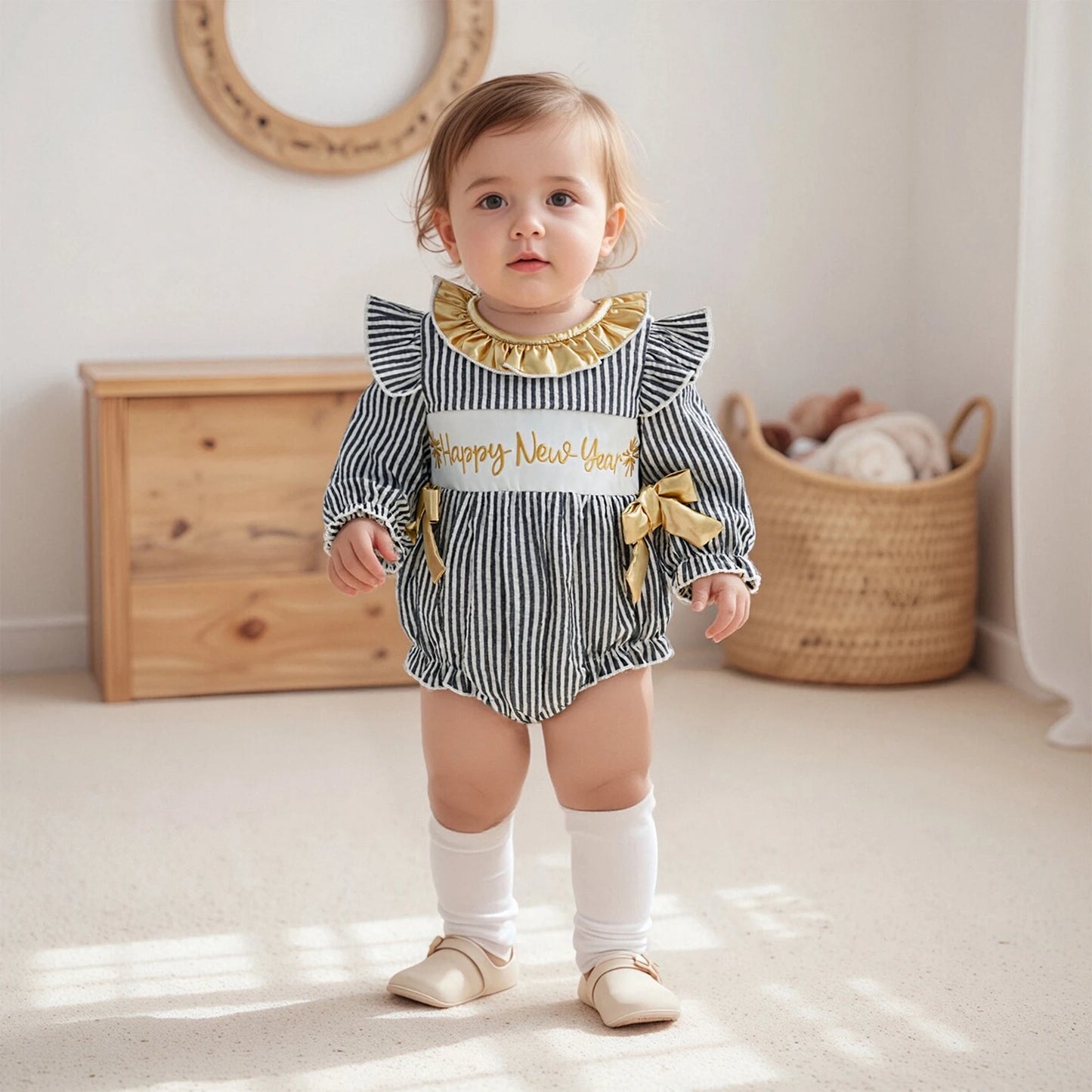 Baby Girls New Year Romper - Stripe Print Letter Embroidery Ruffled Jumpsuit