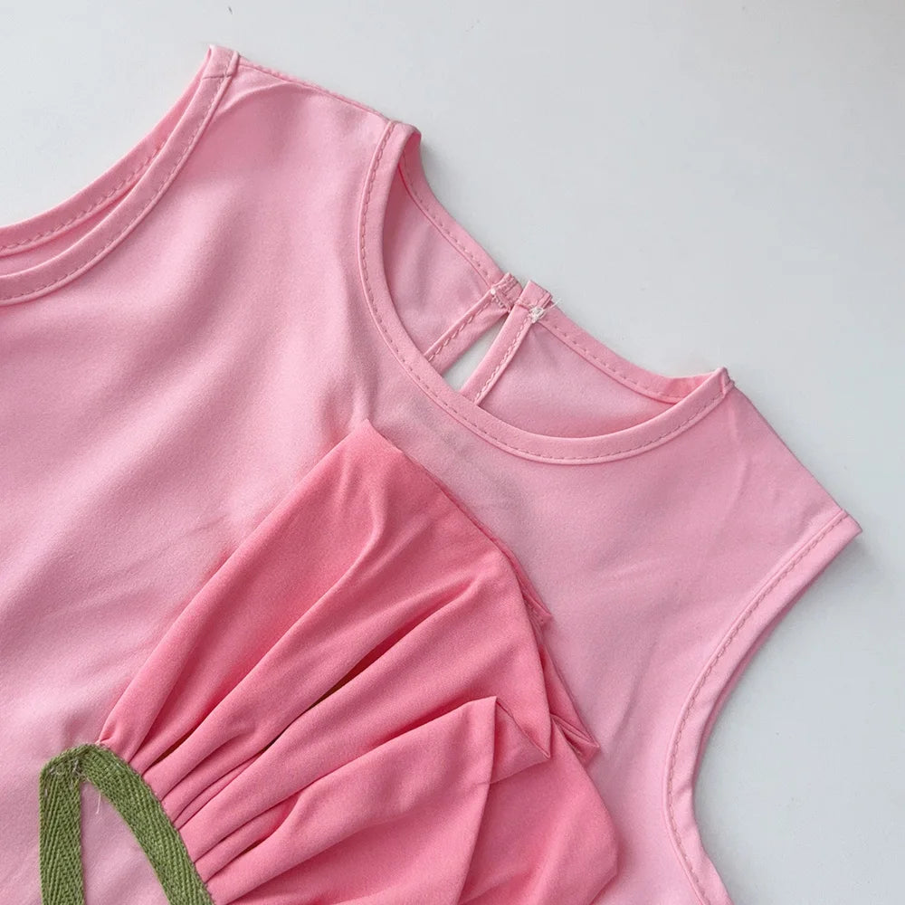 Girl's 3D Flower Sleeveless Princess Baby Pink Summer Dress