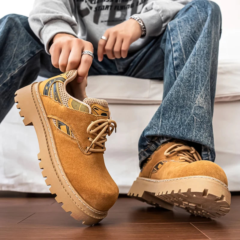 Men's Platform Suede Sneakers - Lace-Up Casual Outdoor Shoes