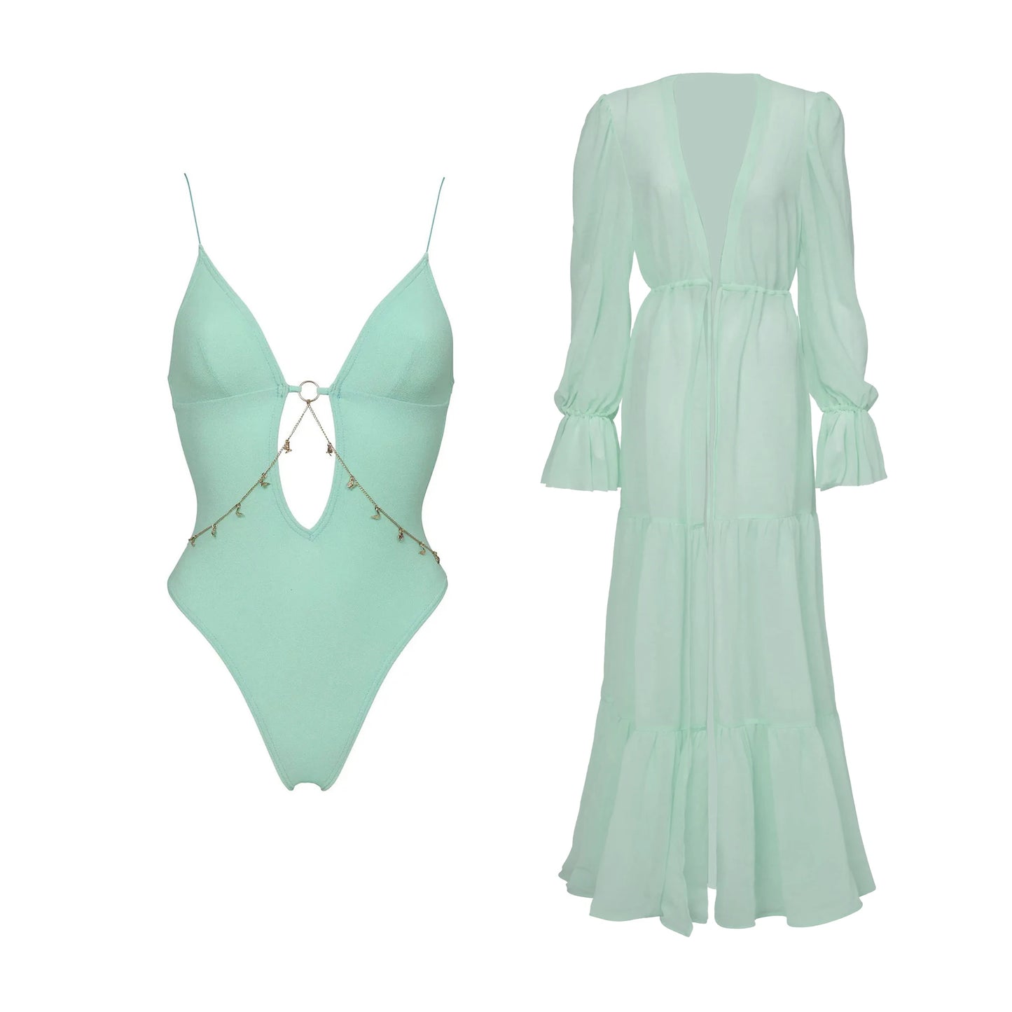 Women's Chain Detail One Piece Swimsuit with Cover Up Set