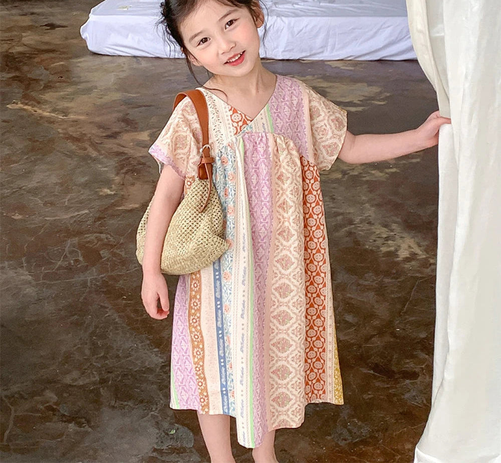 Girl's Summer V-neck Geometric Pattern Printed  Beach Casual Dress