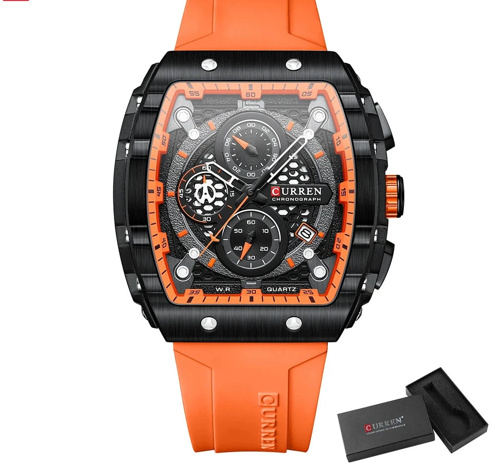 Tonneau Dial Sport Watch - Waterproof Quartz with Auto Date & Yellow Silicone Strap