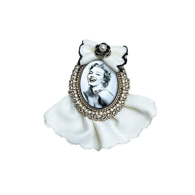 Retro Beauty Head Brooch - Velvet Bow Badge Flower Corsage Pin