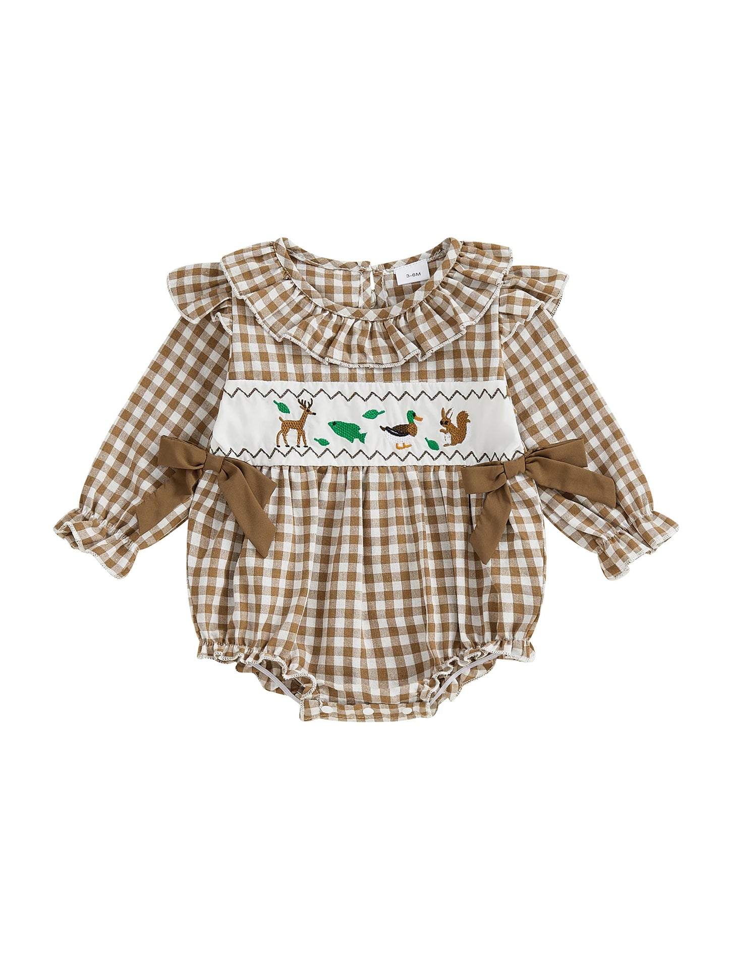 Baby Girls Boys Autumn Winter Plaid Long Sleeve Ruffle Collar Animal Embroidery Romper